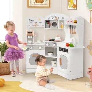 COSTWAY Corner Wooden Play Kitchen Kids Toy Kitchen Set with Lights & Sounds