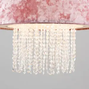 ValueLights Boland Pink Velvet Cylinder Ceiling Pendant Light Shade with Clear Acrylic Droplets