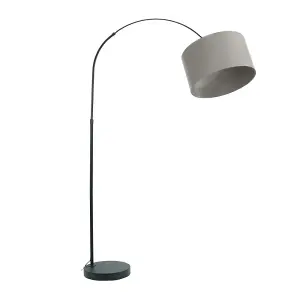 ValueLights Louis Black Arched Curved Floor Lamp with Grey Fabric Drum Lamp Shade and LED Bulb