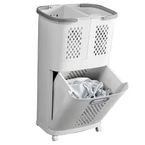 Laundry Basket 2 Tier 3 Section Laundry Hamper Sorter Divided Clothes Storage Organizer on Wheels