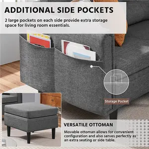 Yaheetech Light Grey Fabric Upholstered 3-Seater Corner Sofa with Ottoman