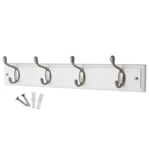 keypak 4-Hook Wall-Mounted Coat Rack, 45cm - White Wooden Board, Satin Nickel Coat Hooks - Fixings Included