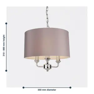 First Choice Lighting Pair of 3 Light Chrome Pendant Chandelier with Grey Fabric Shade