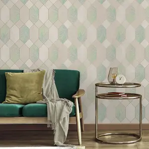 Miami Geometric Leaf Wallpaper Natural / Green Fine Decor FD42834