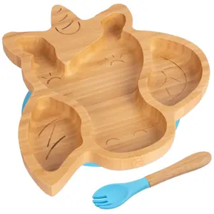 Bamboo Unicorn Baby Weaning Plate & Fork Set - Blue