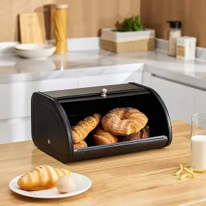 Black Metal Roll Top Bread Container Storage Box for Kitchen