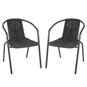 Set of 2 Black Vintage Style Stacking Rattan Patio Garden Chairs Outdoor Armchairs with Metal Frame