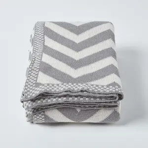 Homescapes Grey Chevron Cotton Knitted Throw, 130 x 170 cm