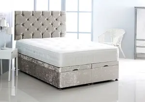 2FT6 Small Single Silver Crush Velvet Foot Lift Ottoman Bed With Headboard & Mattress