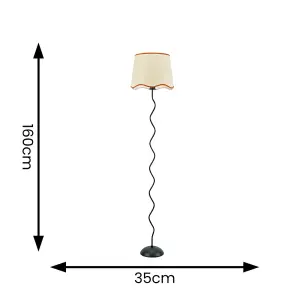 ValueLights Wiggle Black Metal Single Stem Floor Lamp with Linen Scallop Rust Trim Tapered Shade and LED Bulb