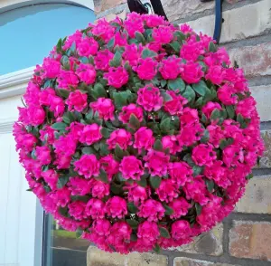 Pair of Best Artificial 28cm Pink Rose Hanging Basket Flower Topiary Ball - Suitable for Outdoor Use - Weather & Fade Resistant