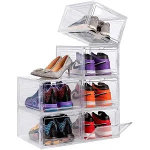 6 Pack Clear Durable Shoe Organiser - Sturdy And Durable Front Stackable Drawers - Space Saving Design With Magnetic Door