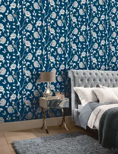 Arthouse Rose Garden Navy Wallpaper