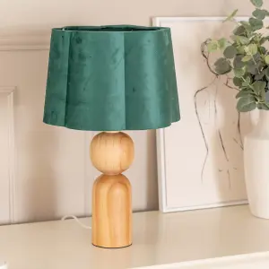 ValueLights Azalea Rustic Wooden Table Lamp with Forest Green Velvet Scallop Shade and LED Bulb