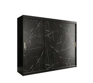 Expansive Black Geneva T Sliding Door Wardrobe W2500mm H2000mm D620mm - Sleek Design, Gold Handles, Ample Storage