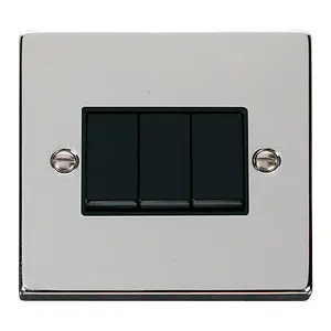 Polished Chrome 10A 3 Gang 2 Way Light Switch - Black Trim - SE Home