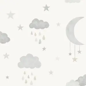 Grandeco Moon & Stars Nursery Textured Wallpaper Natural Grey