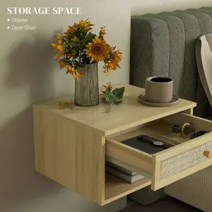 Floating Nightstands Set of 2 with Rattan Drawer and Storage Shelf for Bedroom