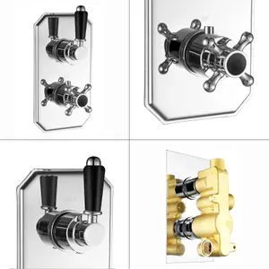 ENKI Regent Chrome Black Traditional Crosshead Single Outlet Brass Thermostatic Twin Shower Valve TSV031