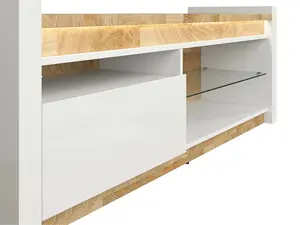 TV Unit Entertainment Stand Cabinet LEDs 1 Drawer White Gloss Oak Effect Alameda