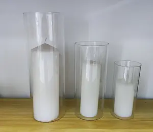 3pc Pillar Candle And Glass Candle Holder Set - Clear Glass Cylinder Pillar