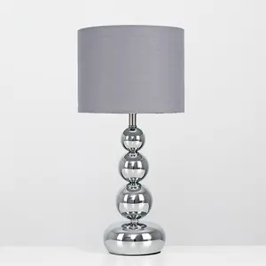 ValueLights Marissa Pair of Chrome Stacked Balls Table Lamps with Grey Faux Silk Shades