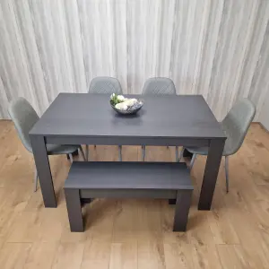 Dark Grey Dining Table with 4 Diamond Stitched Grey Chairs and 1 Bench