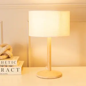 ValueLights Triston Natural Light Wood Stem Table Lamp with Linen White Trim Drum Lamp Shade and LED Bulb