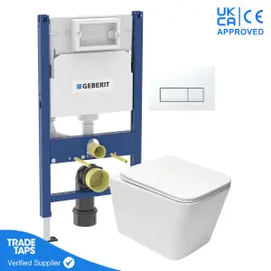 White Wall Hung Square Toilet Pan with Geberit Concealed Cistern Frame 98cm & Delta50 White Flush Plate