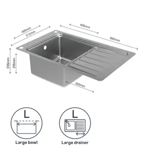 GoodHome Romesco Brushed Stainless steel 1 Bowl Kitchen sink With full drainer 510mm x 880mm