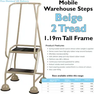 2 Tread Mobile Warehouse Steps BEIGE 1.19m Portable Safety Ladder & Wheels