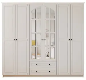 MAISON XL 6 Door 2 Drawer Mirrored White Wardrobe