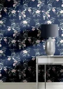 Muriva Blue Floral 3D effect Patterned Wallpaper