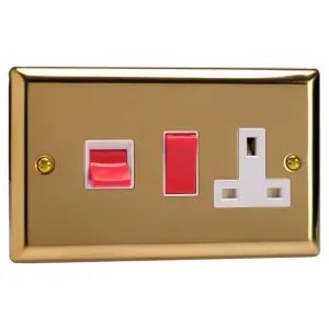 Varilight 45A Cooker Panel with 13A Double Pole Switched Socket Outlet (Red Rocker) Polished Brass