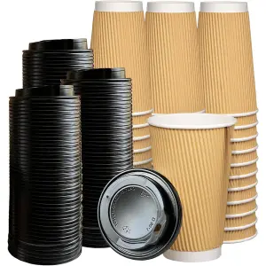 ECONX 16oz Takeaway Coffee Cups with Black Lids Triple Walled Insulated Disposable Ripple Coffee Cups (Pack of 100)