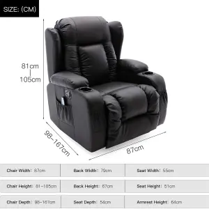 Caesar Bonded Leather Manual Recliner Armchair with Rocking Swivel Heat and Massage (Black)