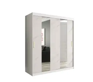 Elegant White Geneva Sliding Door Wardrobe W1800mm H2000mm D620mm - Mirrored Doors, Gold Handles, Large Capacity