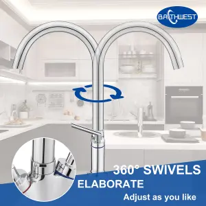 BATHWEST Kitchen Taps Mixer Swan Neck Dual Lever 360 Swivel Kitchen Mixer Tap Multi-Layer Chrome Brass Kitchen Sink Tap