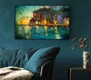 Water Reflections Town Lights Canvas Print Wall Art - Medium 20 x 32 Inches