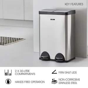 Cooks Professional Kitchen Rubbish Recycling Pedal Bin 60L 2 Waste Compartment Hands-Free Silver