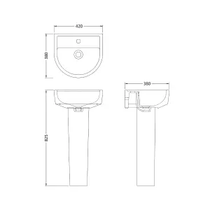 D Shape 1 Tap Hole Basin & Full Pedestal - 420mm - Balterley