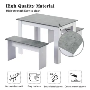 Dining Table with 2 benches Dining Table Set for Kitchen, Dining Room, Small Space Artificial Marble (Grey and White)