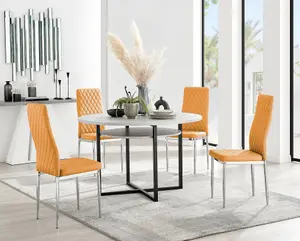 Adley Grey Concrete Effect And Black Round Dining Table with Storage Shelf 4 Mustard and Silver Milan Modern Faux Leather Chairs