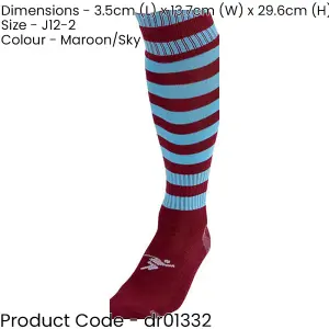 JUNIOR Size 12-2 Hooped Stripe Football Socks - MAROON/SKY BLUE Contoured Ankle