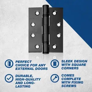 UAP Pack of 2 Door Hinges - 4 Inch - 100x75mm - Square Corners - Mild Steel Ball Bearing Butt - Internal Door - Black