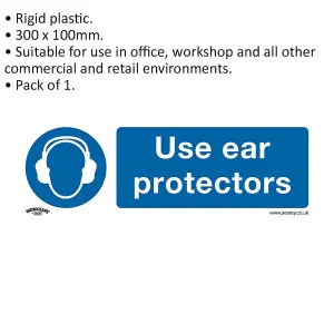 Mandatory Use Ear Protectors Safety Sign - Rigid Plastic 300 x 100mm