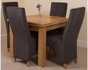 Richmond 90cm - 150cm Square Oak Extending Dining Table and 4 Chairs Dining Set with Lola Black Fabric Chairs