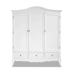 Juliette Triple Wardrobe. French Style Triple Wardrobe with Crystal Handles - White