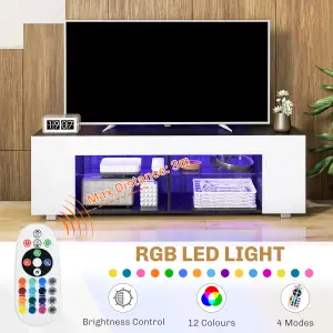 HOMCOM TV Stand 145cm TV Unit with Glass Shelves RGB LED Light for 60"TV White