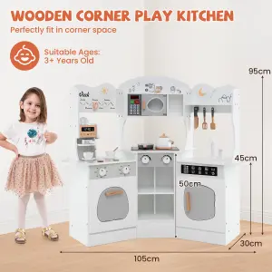 COSTWAY Corner Wooden Play Kitchen Kids Toy Kitchen Set with Lights & Sounds